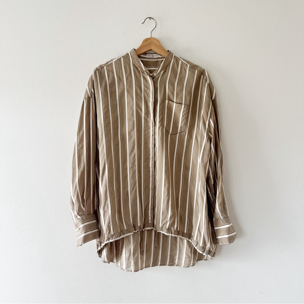 Brunello Cucinelli Beige and White Striped Silk Blouse - Picture 2 of 9